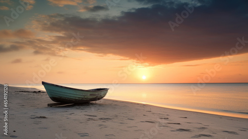 plage au couché du soleil avec une barque abandonnée sur le sable de la plage