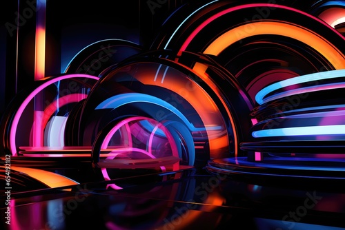 An abstract composition of neon lights in various shapes and colors
