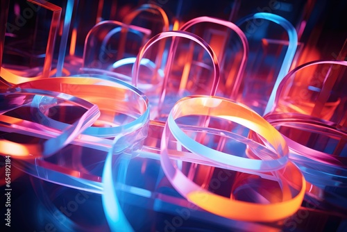 An abstract composition of neon lights in various shapes and colors, creating a visually captivating futuristic aesthetic