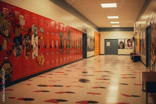 A nostalgic photograph of a school hallway decorated with lockers adorned with band stickers and posters