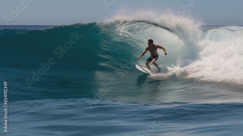 A shark chasing a man surfs a wave