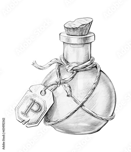 Hand drawn vintage poison bottle of poison, magic bottle.