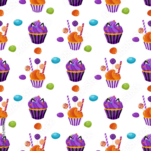 Seamless pattern design with pastries, candies, cookies and cupcake with cream on a white background. Seamless cupcake pattern. For wrapping paper, packaging, fabric, wallpaper.