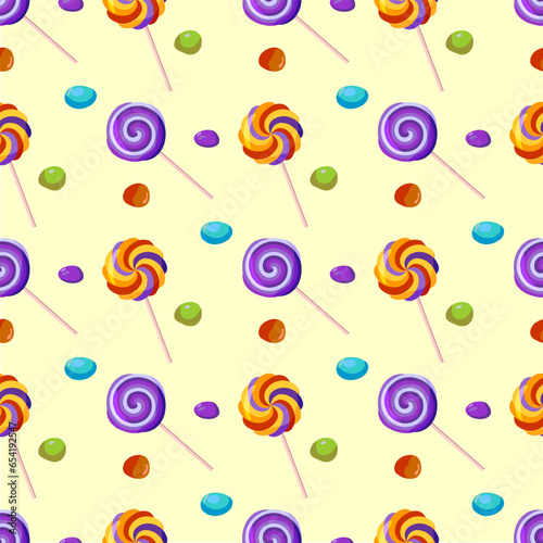 Seamless pattern with lollipops and jelly candies, nuts in multicolored caramel icing. For wrapping paper, packaging, fabric, wallpaper. Vector illustration.