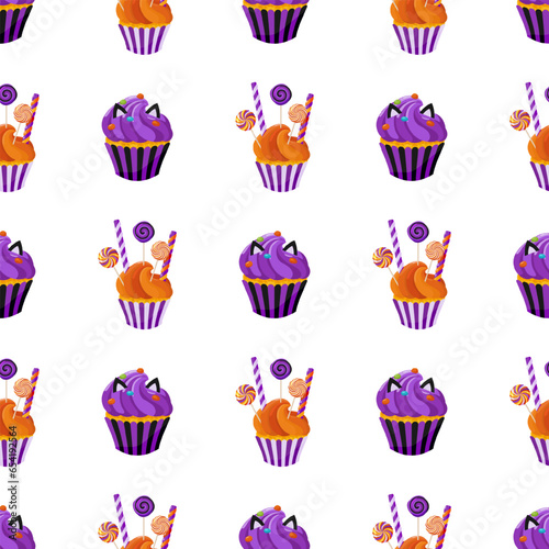 Background of sweet treats including candies, confectionery and cream sweets. Seamless pattern with cupcakes. For wrapping paper, packaging, fabric, wallpaper.