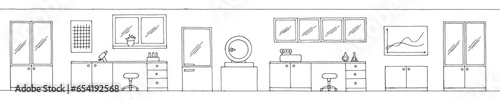 Laboratory graphic black white interior long sketch illustration vector 