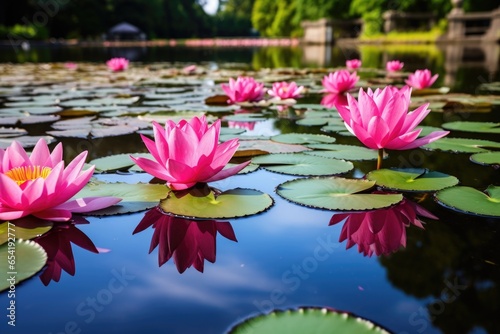 beautiful blooming lotus in a pond with lily pads
