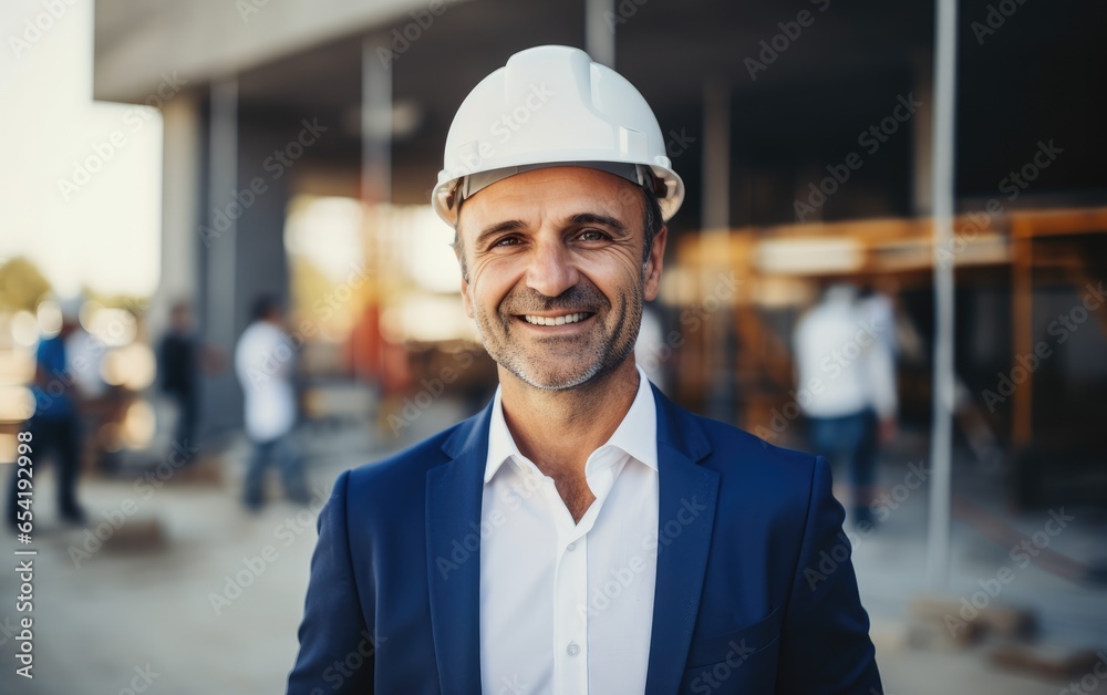 Smiling portrait of a middle aged male businessman with a protective helmet on a construction site looking at camera. Generative AI Smiling portrait of a middle aged male businessman with a protective helmet on a construction site looking at camera. Generative AI