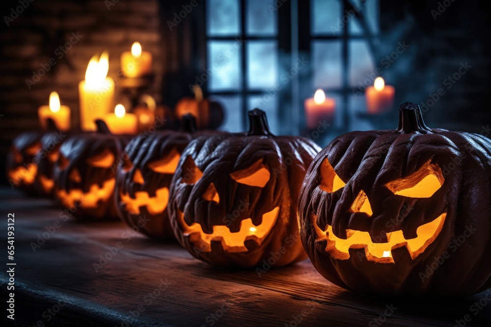 Fototapeta premium halloween pumpkin lanterns glowing in the dark