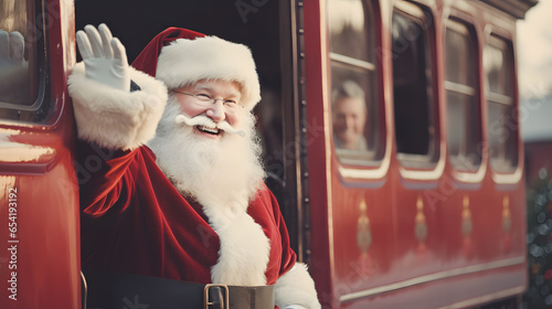 Santa Claus riding a vintage train waving to excited onlookers. photo