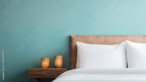 Bed with side table, blue background hospitality banner photo