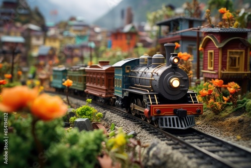 toy train passing by miniature scenic setup