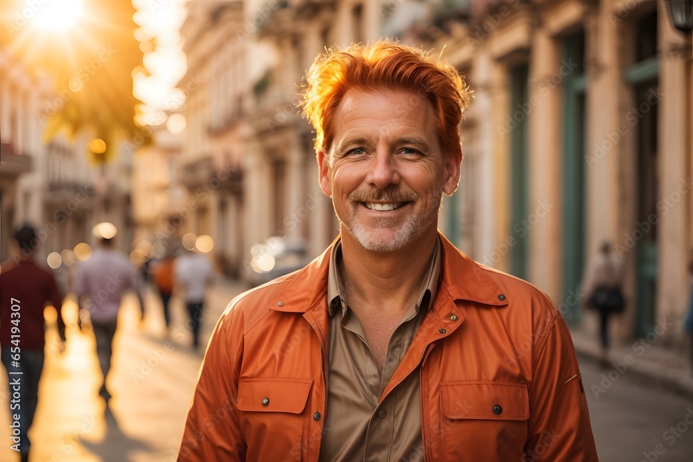 Fototapeta premium A happy handsome redhead mature worker wearing orange safety west is walking in streets of Cuba during late autumn sunset with sun flares in the background. Generative Ai.