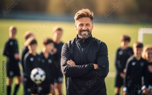 A male coach of a school soccer team on a field. Generative AI