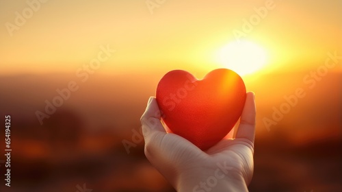 "Love's Radiance: Silhouette hand holds a red paper heart, symbolizing Valentine's Day romance under the setting sun."