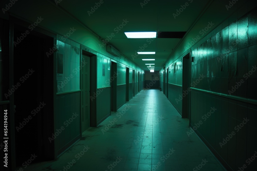 the glow of emergency exit signs in a dark hallway the glow of emergency exit signs in a dark hallway