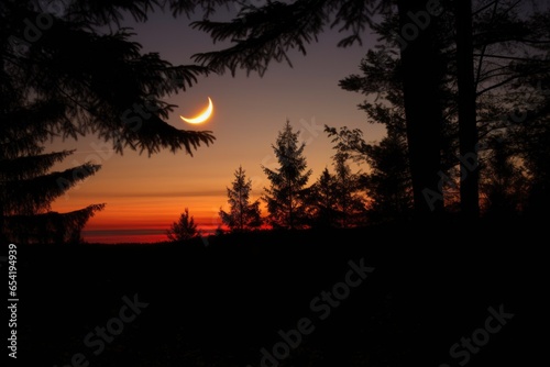 moon silhouette during solstice observed from a forest