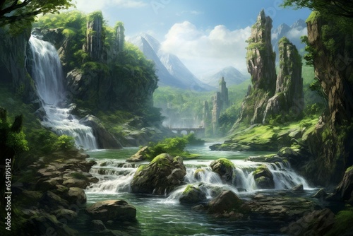 A stunning landscape featuring a mesmerizing waterfall and abundant green surroundings. Generative AI
