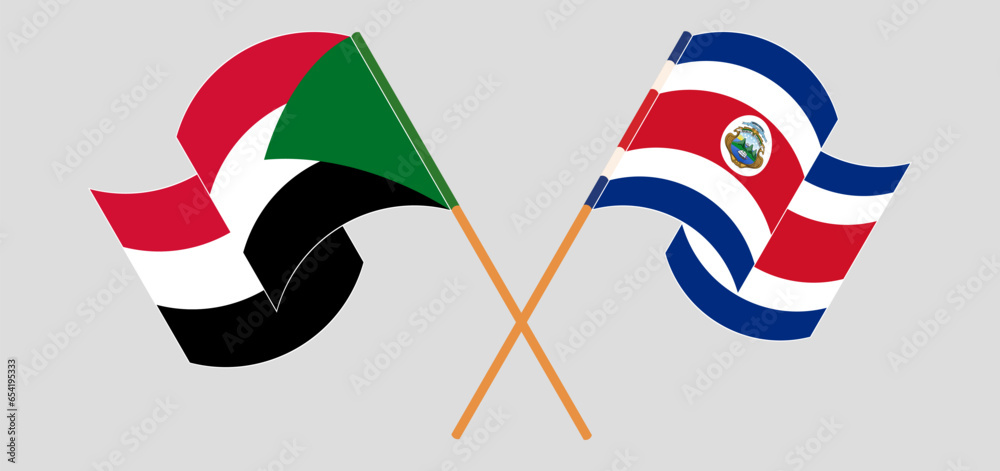 Crossed flags of the Sudan and Costa Rica. Official colors. Correct proportion