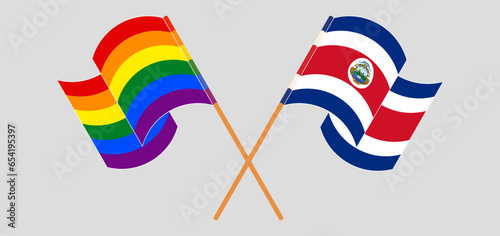 Crossed flags of LGBTQ and Costa Rica. Official colors. Correct proportion
