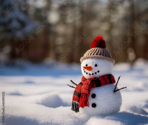 Small smiling snowman wearing hat and scarf, arms out of branches. Nose is a carrot. Happy snowman standing on snowy, frosted ground. Blurred forest background. Adorable winter scene. © Caphira Lescante