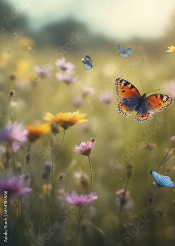 where colorful wildflowers sway gently in the breeze, and butterflies dance amidst the tall grass, creating a serene and idyllic scene, Generative AI, Generative, AI