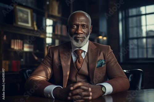 Portrait of a successful confident African American senior business man in a suit sitting in a chair in an office looking at camera. Businessman, lawyer or director