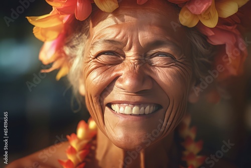 Obraz na plátne Hawaii smiling woman. Flower dancer. Generate Ai