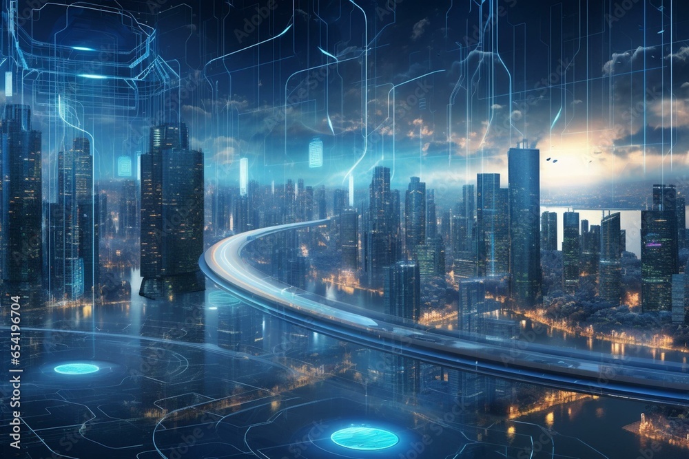 Futuristic cyber city with advanced digital technology, information security, big data, and quantum mega computer. Generative AI