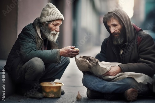 Homeless people eating. Social food. Generate Ai