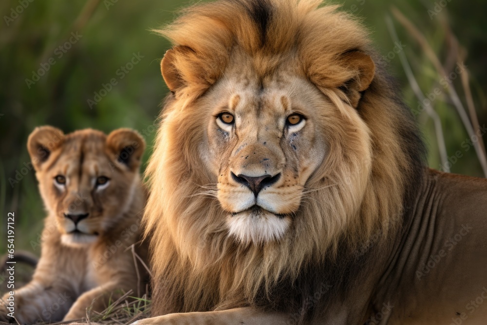 male lion watching over cubs while female hunts