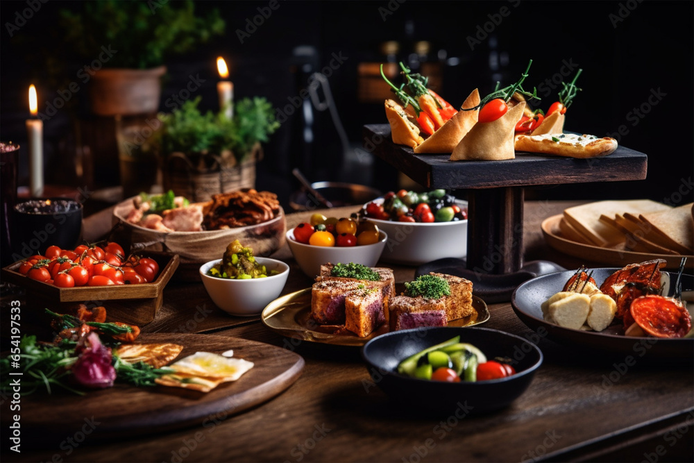 Delicious food on wooden table in restaurant