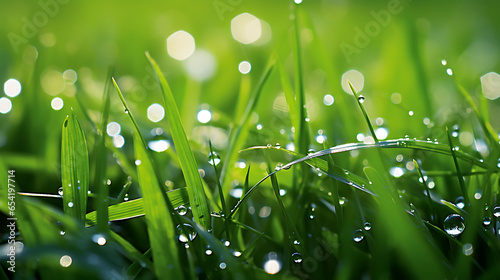 A bed of glistening dewdrops on fresh green grass, capturing the crisp essence of morning's touch.