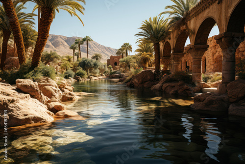 A serene oasis in the midst of the desert  offering respite from the scorching sun. Concept of life-giving water sources in the Near East. Generative Ai.