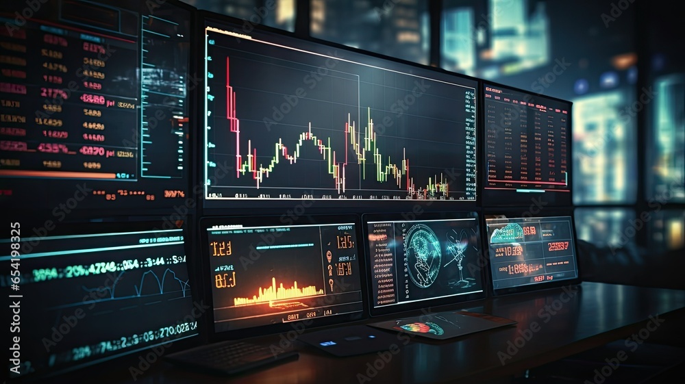 A detailed LED display showing financial data with daily market prices, price quote charts, and candle tracking, illustrating the complexity of modern trading. - obrazy, fototapety, plakaty 