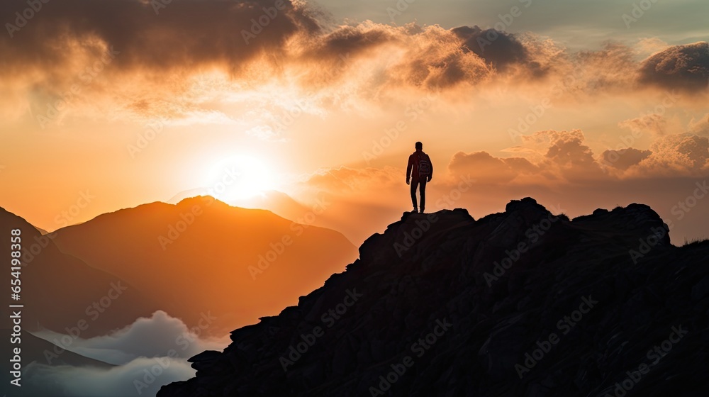 Silhouette of a man on the mountain top Sunset among the clouds