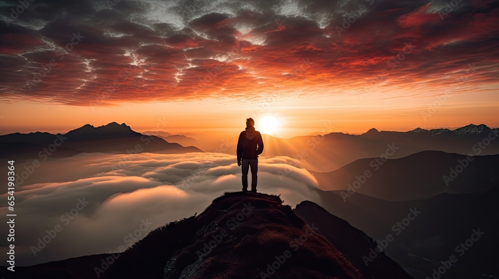 Silhouette of a man on the mountain top Sunset among the clouds - obrazy, fototapety, plakaty 