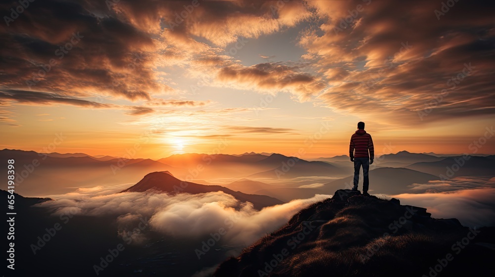 Silhouette of a man on the mountain top Sunset among the clouds - obrazy, fototapety, plakaty 