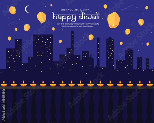 Beautiful night scene of Hindu Festival of Lights Diwali with sky lanterns floating over cityscape 