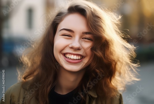 Happy laughing girl at street. Care beauty. Generate Ai