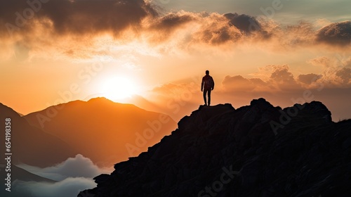 Silhouette of a man on the mountain top Sunset among the clouds