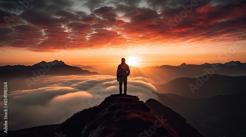 Silhouette of a man on the mountain top Sunset among the clouds photo