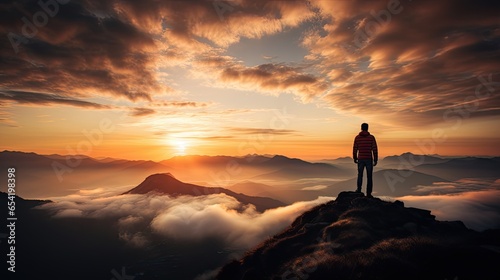 Silhouette of a man on the mountain top Sunset among the clouds photo