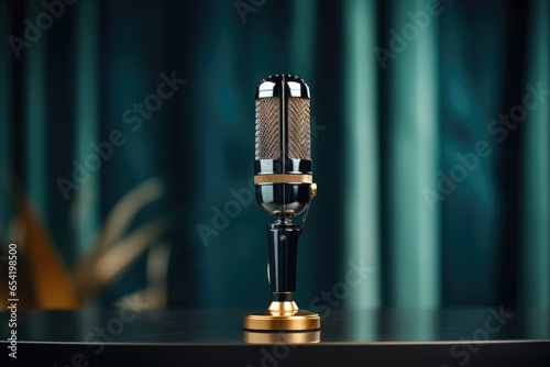 a stylish microphone on a table against a plain backdrop
