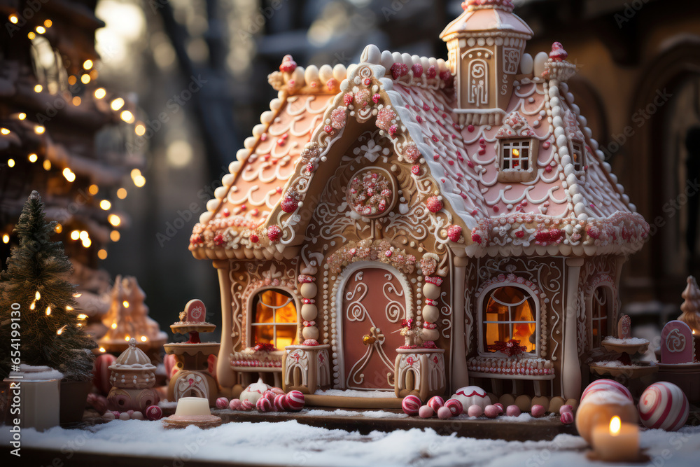 An intricate gingerbread house adorned with candy canes, gumdrops, and icing. Generative Ai. An intricate gingerbread house adorned with candy canes, gumdrops, and icing. Generative Ai.