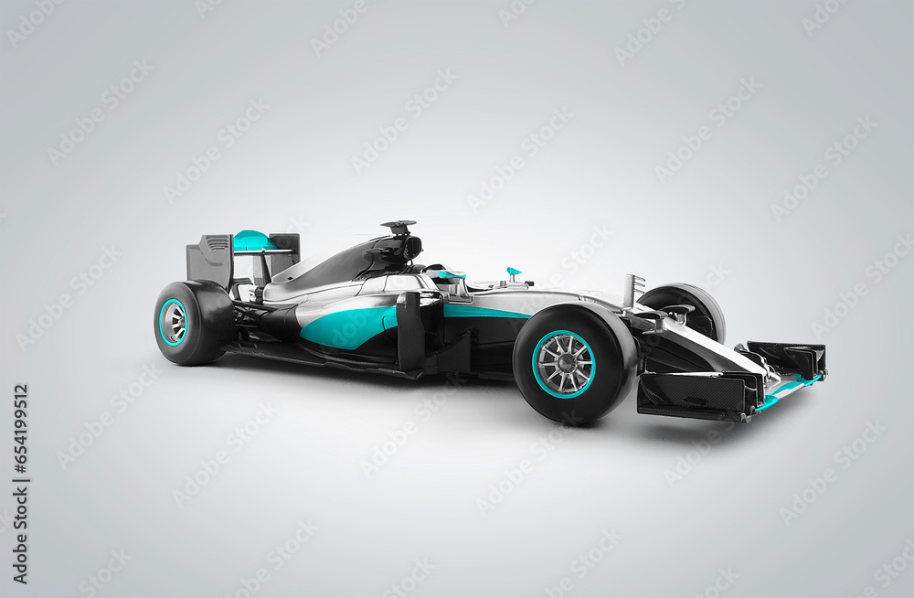 Race car and driver angled view isolated on grey background. Facing right. 3D Rendering