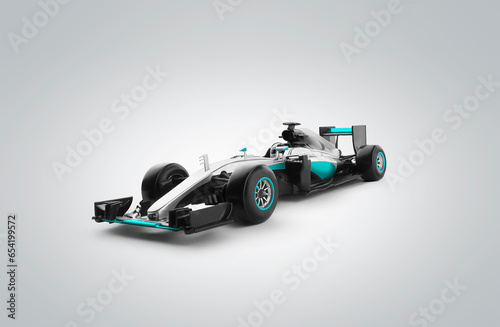 Race car and driver angled view isolated on grey background. Facing left. 3D Rendering photo