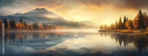 A breathtaking sunrise over a tranquil lake, with the soft autumn foliage surrounding the water's edge and majestic mountains in the background, shrouded in a gentle morning fog.