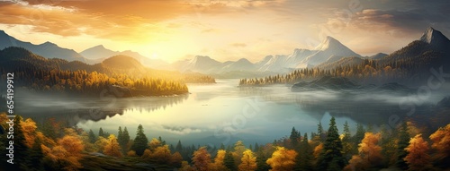 A breathtaking sunrise over a tranquil lake  with the soft autumn foliage surrounding the water s edge and majestic mountains in the background  shrouded in a gentle morning fog.