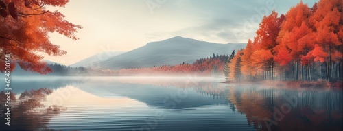 A breathtaking sunrise over a tranquil lake, with the soft autumn foliage surrounding the water's edge and majestic mountains in the background, shrouded in a gentle morning fog.